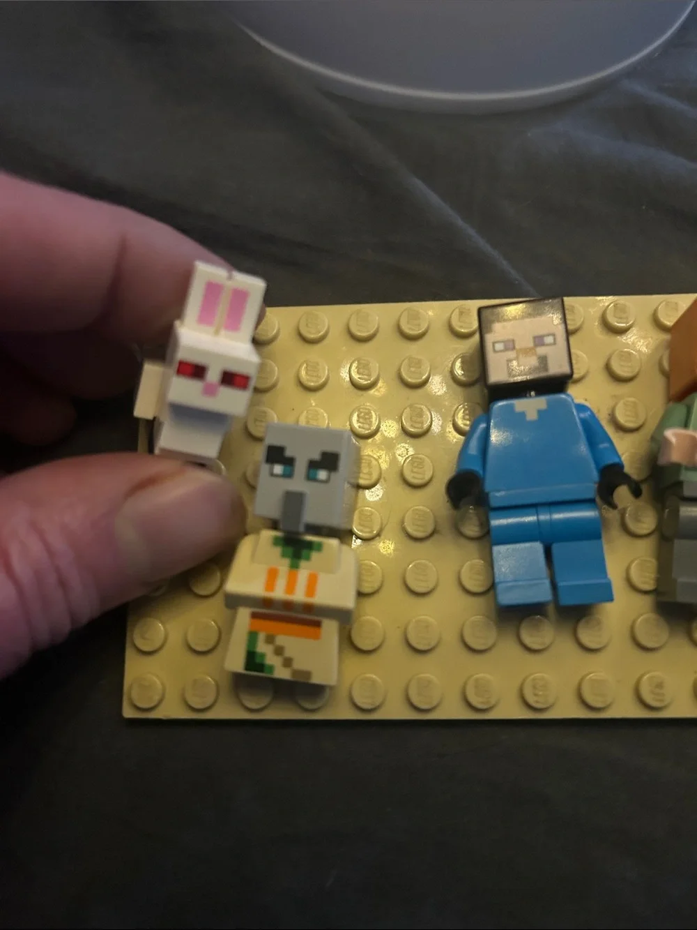 Lego Minecraft weird little family of Steve, Alex, rabbit, villager, kitty